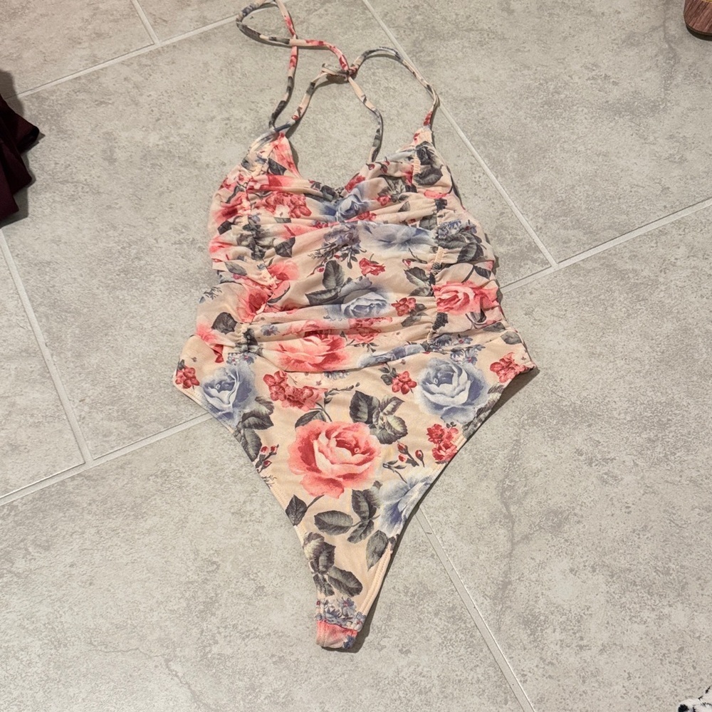 Floral One Piece Bodysuit - Pink and Blue